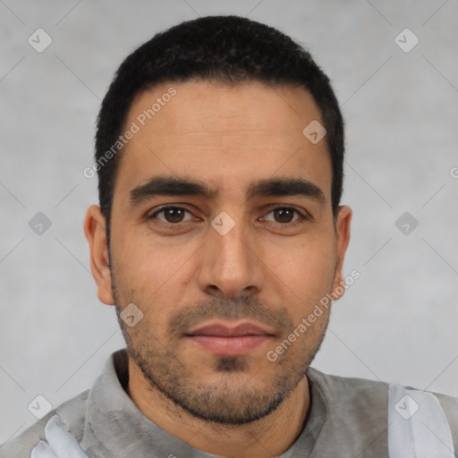 Neutral latino young-adult male with short  black hair and brown eyes
