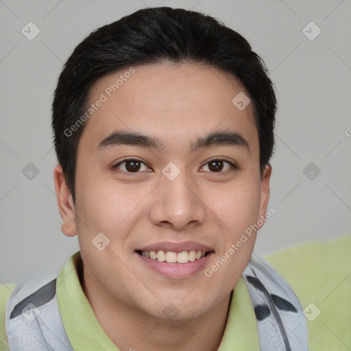 Joyful white young-adult male with short  black hair and brown eyes