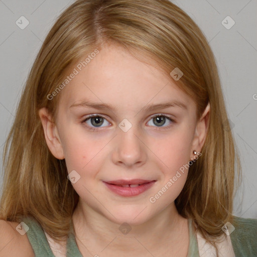 Joyful white child female with medium  brown hair and grey eyes