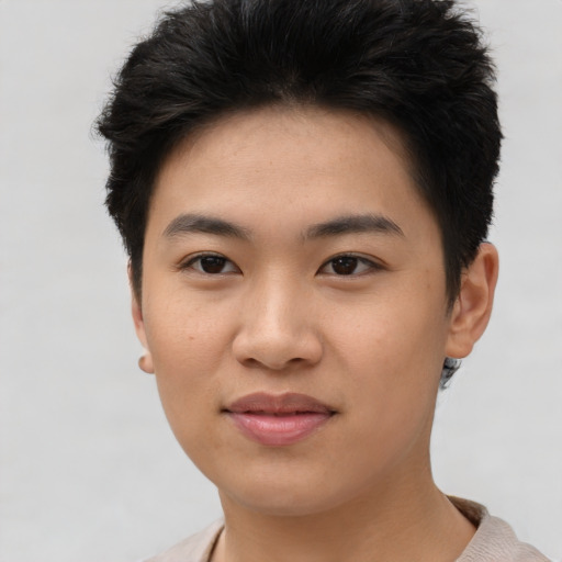 Joyful asian young-adult female with short  brown hair and brown eyes