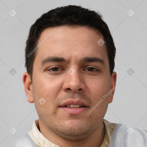 Neutral white young-adult male with short  brown hair and brown eyes