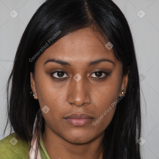 Neutral asian young-adult female with long  brown hair and brown eyes