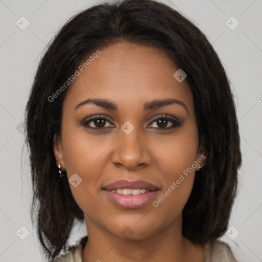 Joyful latino young-adult female with medium  brown hair and brown eyes