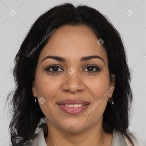 Joyful latino young-adult female with medium  brown hair and brown eyes