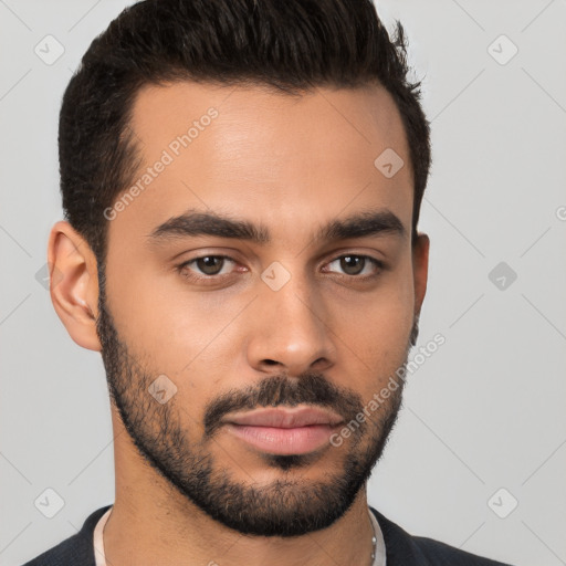 Neutral latino young-adult male with short  black hair and brown eyes