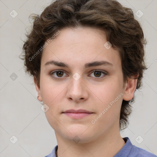 Neutral white young-adult female with medium  brown hair and grey eyes