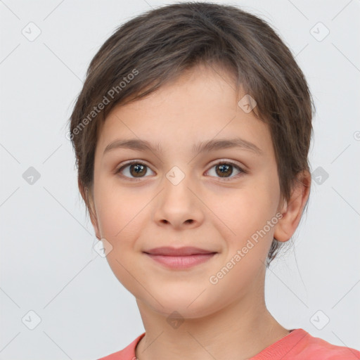 Joyful white child female with short  brown hair and brown eyes