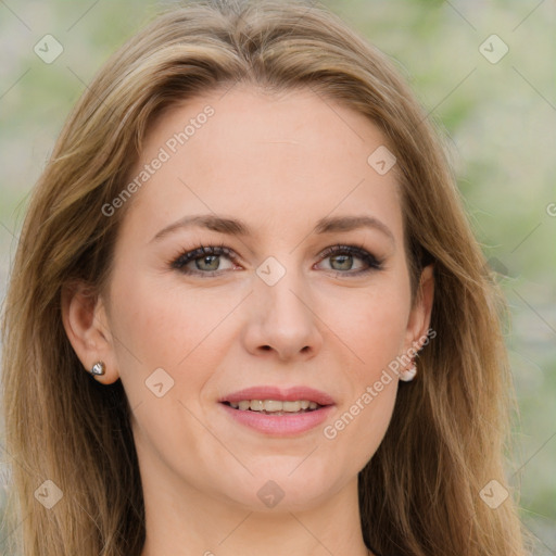 Joyful white young-adult female with long  brown hair and green eyes