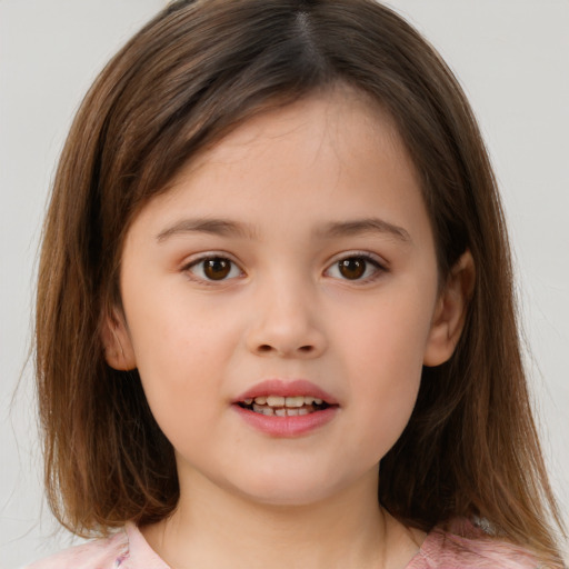 Joyful white child female with medium  brown hair and brown eyes