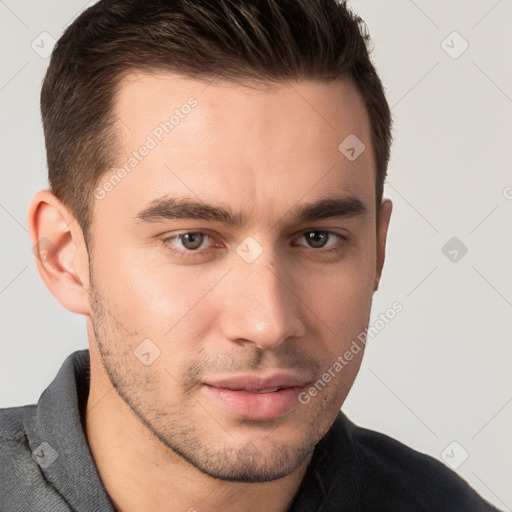 Neutral white young-adult male with short  brown hair and brown eyes