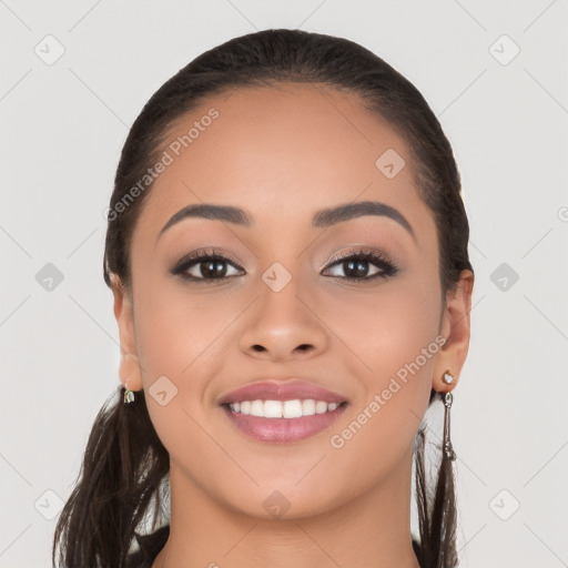 Joyful white young-adult female with long  brown hair and brown eyes