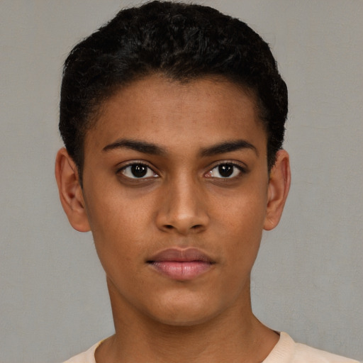 Neutral black young-adult female with short  black hair and brown eyes
