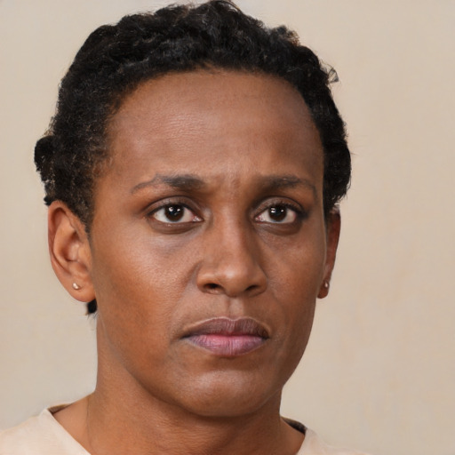Neutral black adult female with short  brown hair and brown eyes