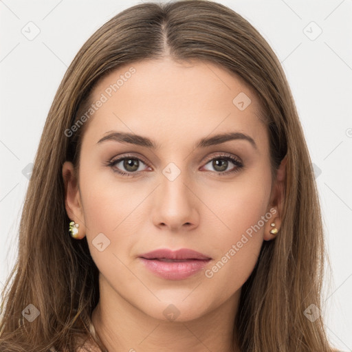 Neutral white young-adult female with long  brown hair and brown eyes