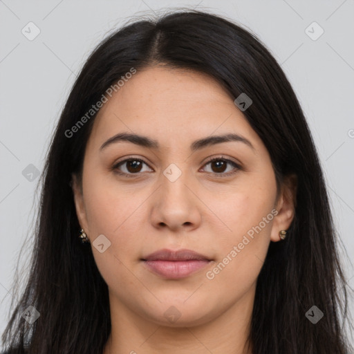 Joyful latino young-adult female with long  brown hair and brown eyes