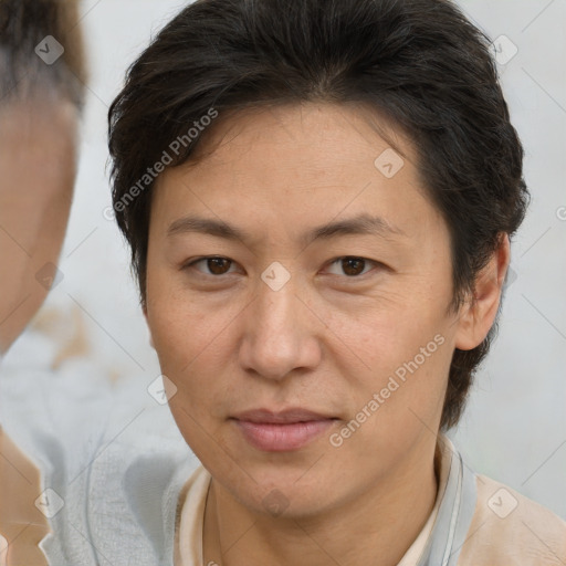 Joyful white adult female with short  brown hair and brown eyes