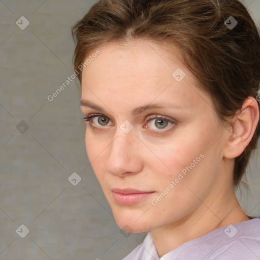 Neutral white young-adult female with medium  brown hair and blue eyes