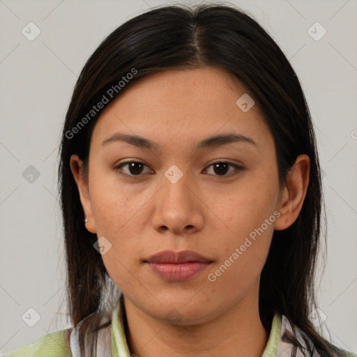 Neutral asian young-adult female with medium  brown hair and brown eyes