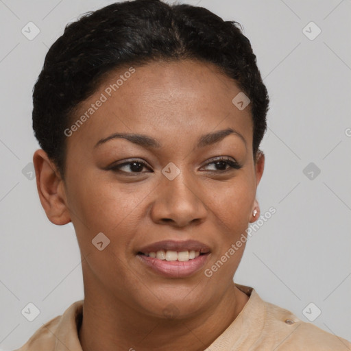 Joyful black young-adult female with short  brown hair and brown eyes