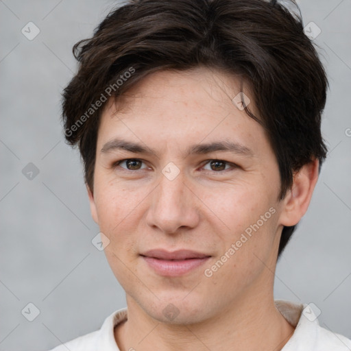 Joyful white young-adult female with short  brown hair and brown eyes