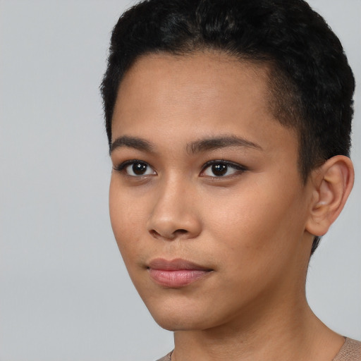 Neutral asian young-adult female with short  black hair and brown eyes