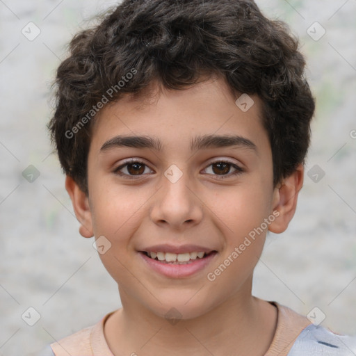 Joyful white child male with short  brown hair and brown eyes