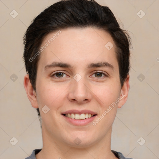 Joyful white young-adult female with short  brown hair and brown eyes