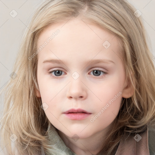 Neutral white child female with medium  brown hair and blue eyes