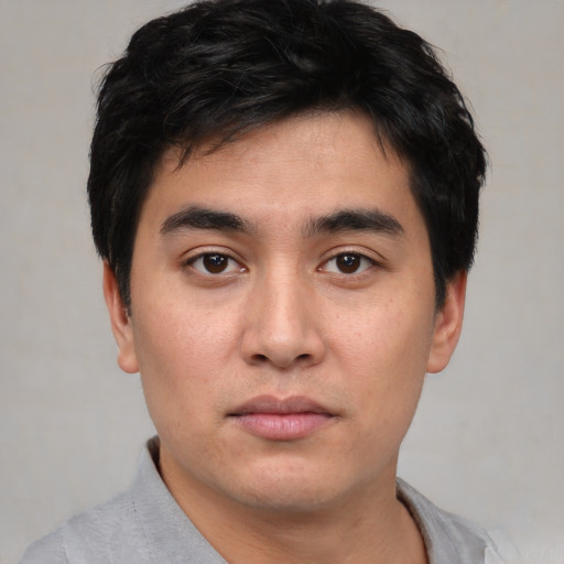 Neutral asian young-adult male with short  black hair and brown eyes