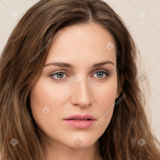 Neutral white young-adult female with long  brown hair and brown eyes