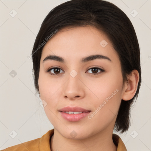 Joyful white young-adult female with medium  brown hair and brown eyes