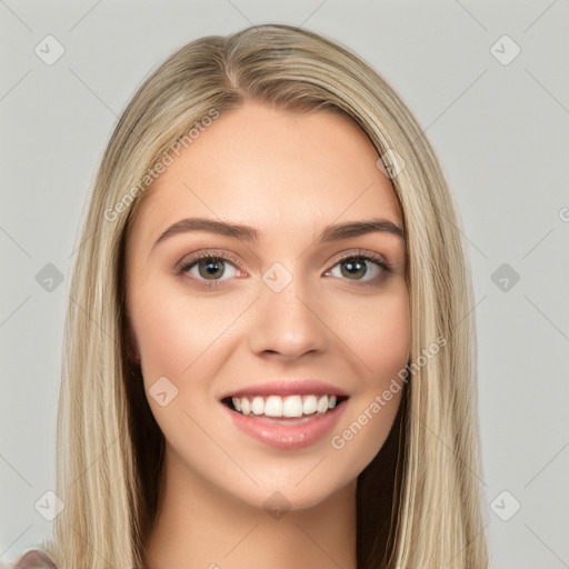 Joyful white young-adult female with long  brown hair and brown eyes