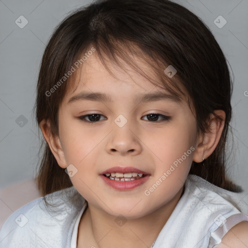 Joyful white child female with medium  brown hair and brown eyes