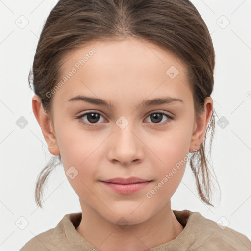 Joyful white child female with medium  brown hair and brown eyes