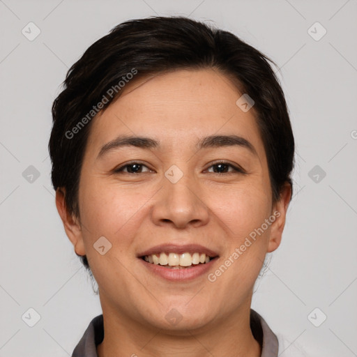 Joyful white young-adult female with short  brown hair and brown eyes