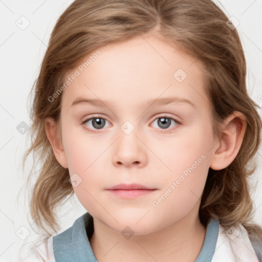 Neutral white child female with medium  brown hair and blue eyes