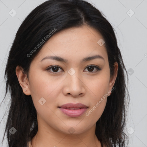 Joyful asian young-adult female with long  brown hair and brown eyes