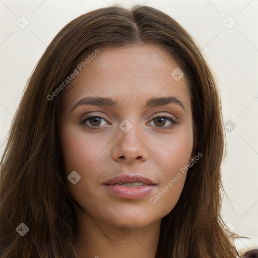 Neutral white young-adult female with long  brown hair and brown eyes