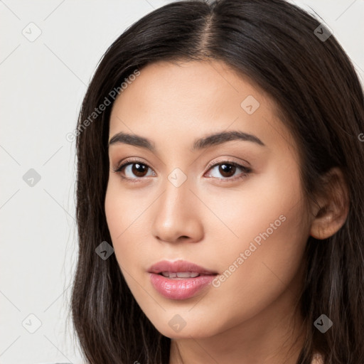 Neutral white young-adult female with long  brown hair and brown eyes