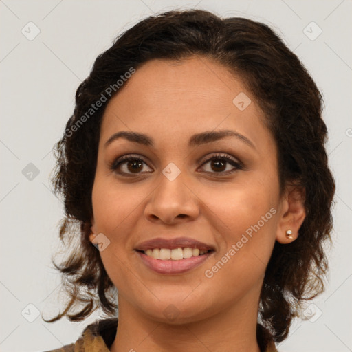 Joyful latino young-adult female with medium  brown hair and brown eyes