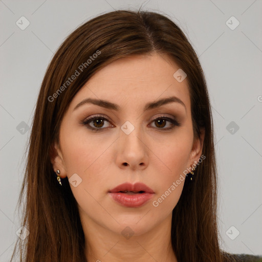 Neutral white young-adult female with long  brown hair and brown eyes