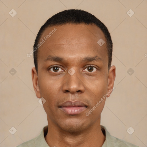 Neutral black young-adult male with short  black hair and brown eyes