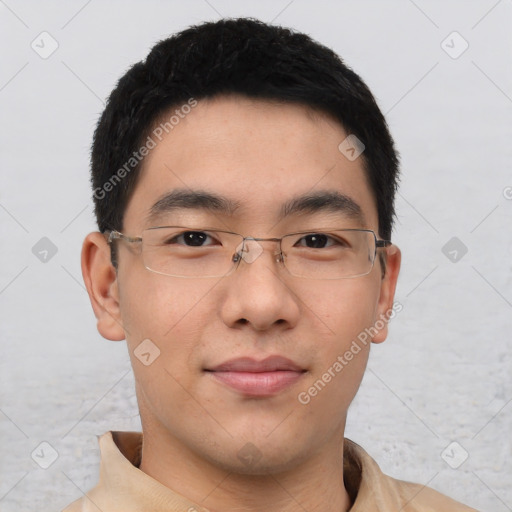 Neutral asian young-adult male with short  black hair and brown eyes