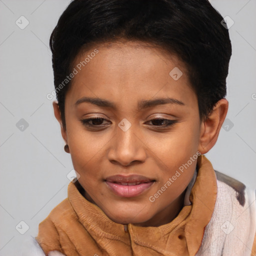 Joyful latino young-adult female with short  brown hair and brown eyes