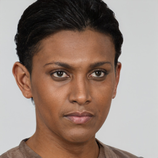 Neutral black young-adult female with short  brown hair and brown eyes