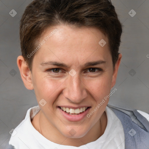 Joyful white adult female with short  brown hair and brown eyes