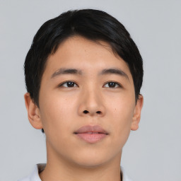 Neutral asian young-adult male with short  black hair and brown eyes