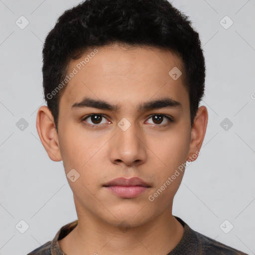 Neutral latino young-adult male with short  black hair and brown eyes