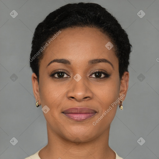 Joyful black young-adult female with short  brown hair and brown eyes