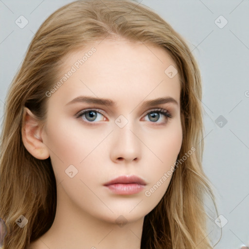 Neutral white young-adult female with long  brown hair and brown eyes